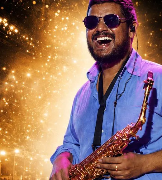 Basanth, saxophone artist, mid-performance